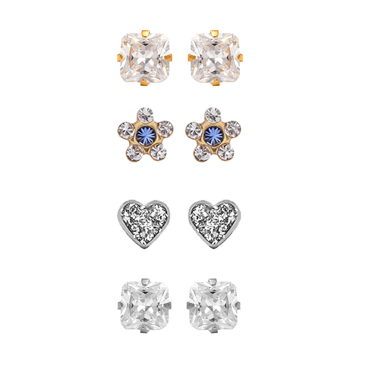 4 Pair combo Allergy Free Stainless Steel and Gold-Plated Ear Studs (Heart, Daisy, Princess cut Cubic Stone)