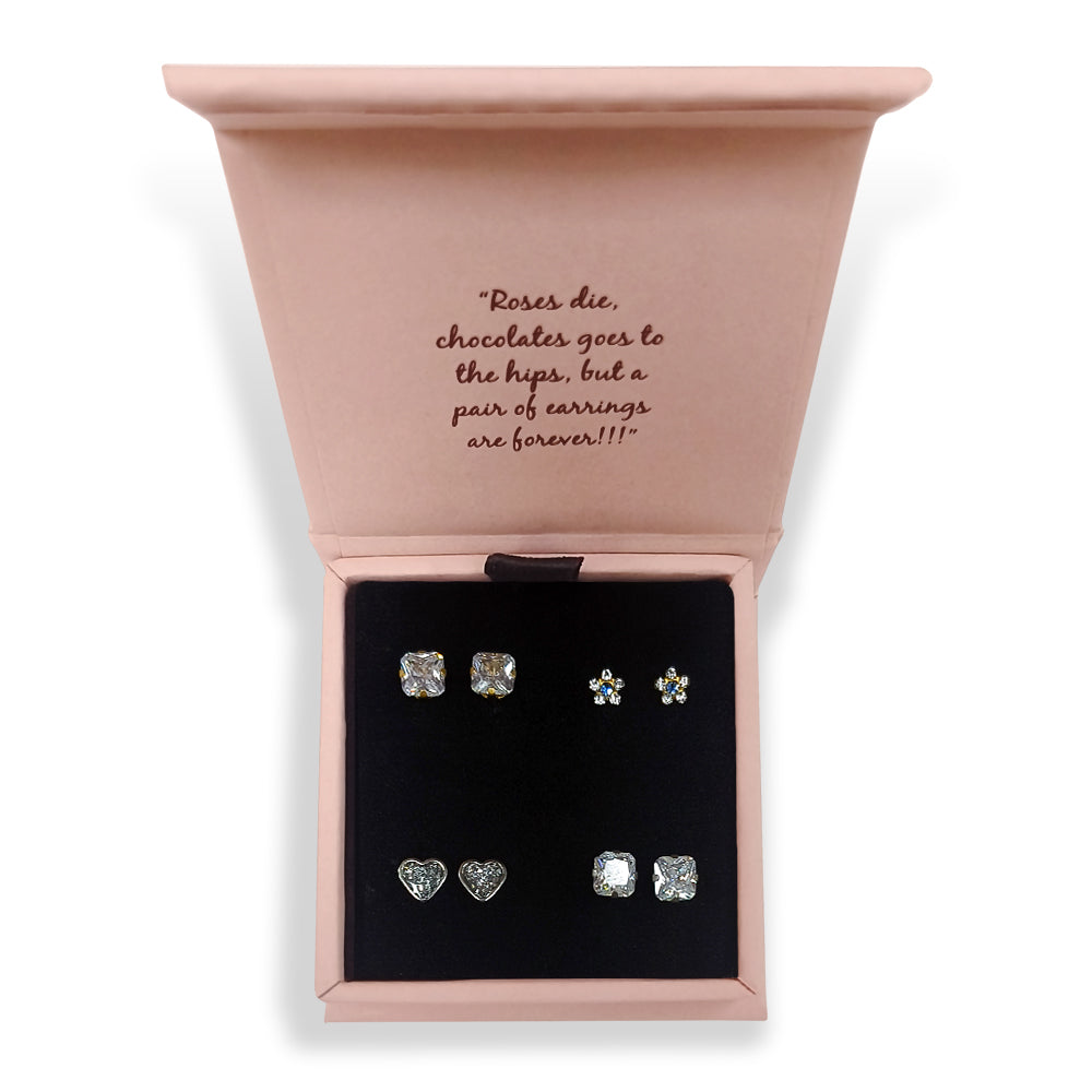 4 Pair combo Allergy Free Stainless Steel and Gold-Plated Ear Studs (Heart, Daisy, Princess cut Cubic Stone)