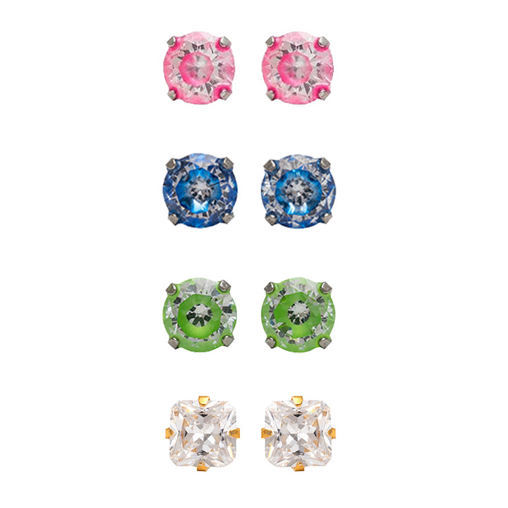 4 Pair Combo Allergy Free Stainless Steel And Gold-Plated Ear Studs (Cubic Zirconia - Neon, Princess Cut)