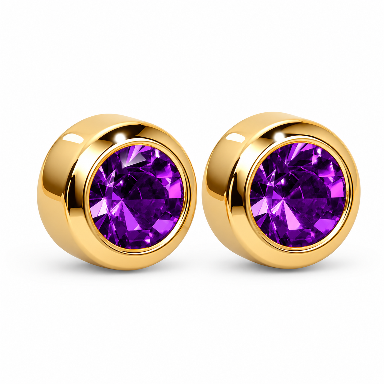 3MM February – Amethyst Bezel 24K Pure Gold Plated Ear Studs | MADE IN USA | Ideal for everyday wear