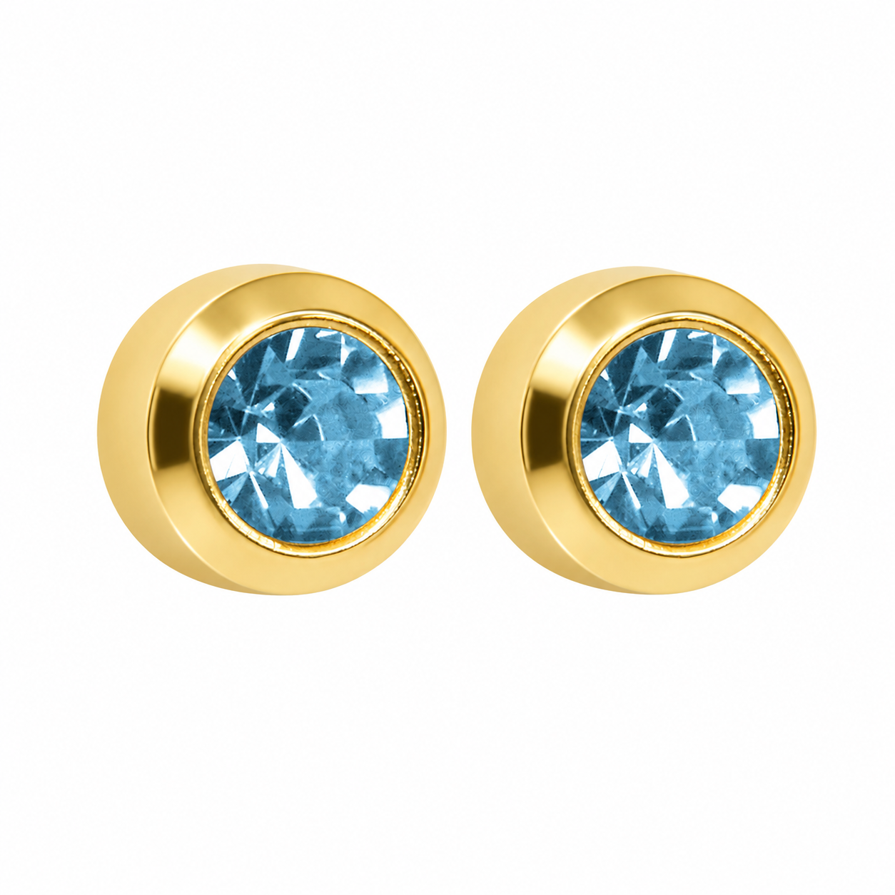 3MM March – Aquamarine Bezel 24K Pure Gold Plated Ear Studs | MADE IN USA | Ideal for everyday wear
