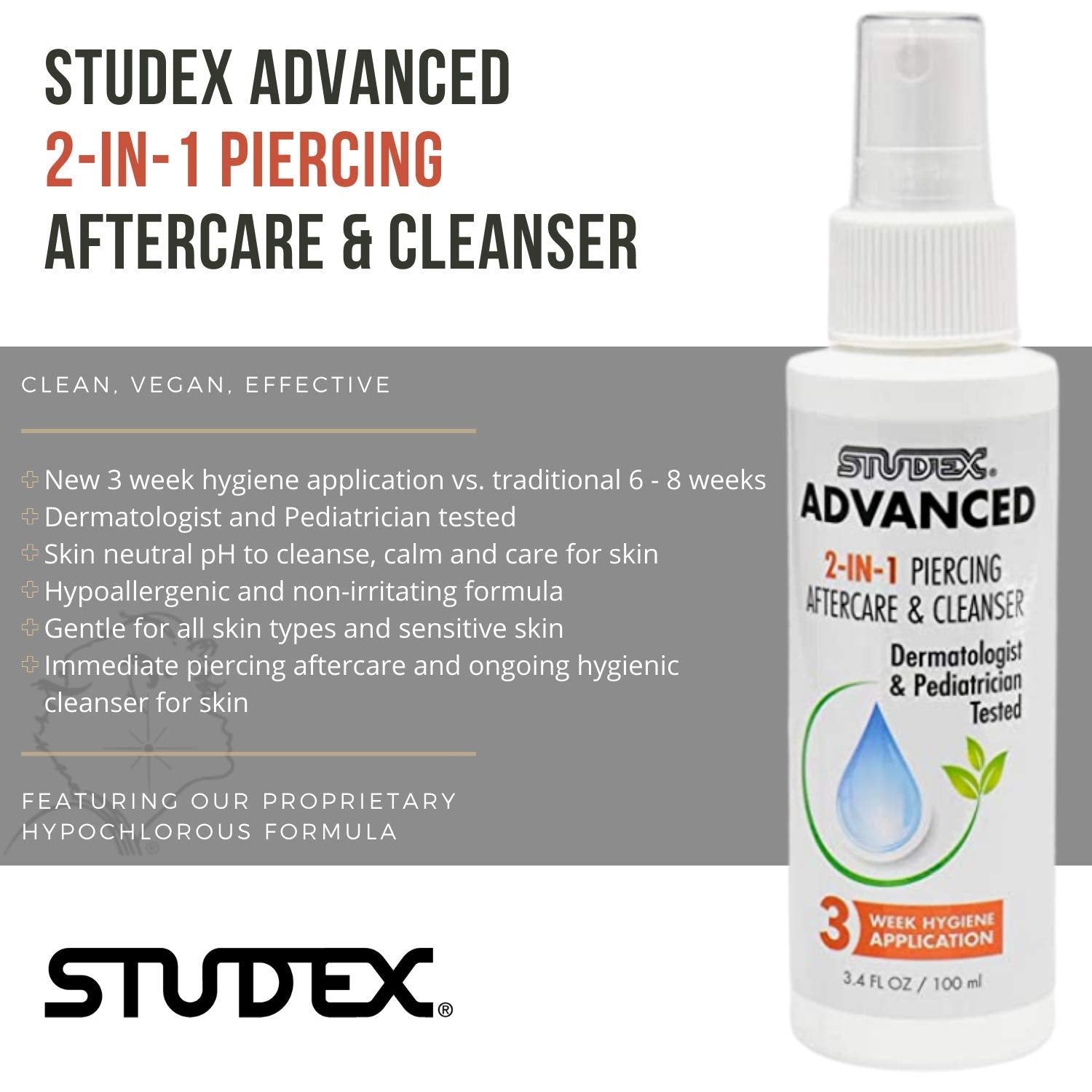 STUDEX Advanced Piercing Aftercare & Cleanser 3.4 FL OZ | 100 ml