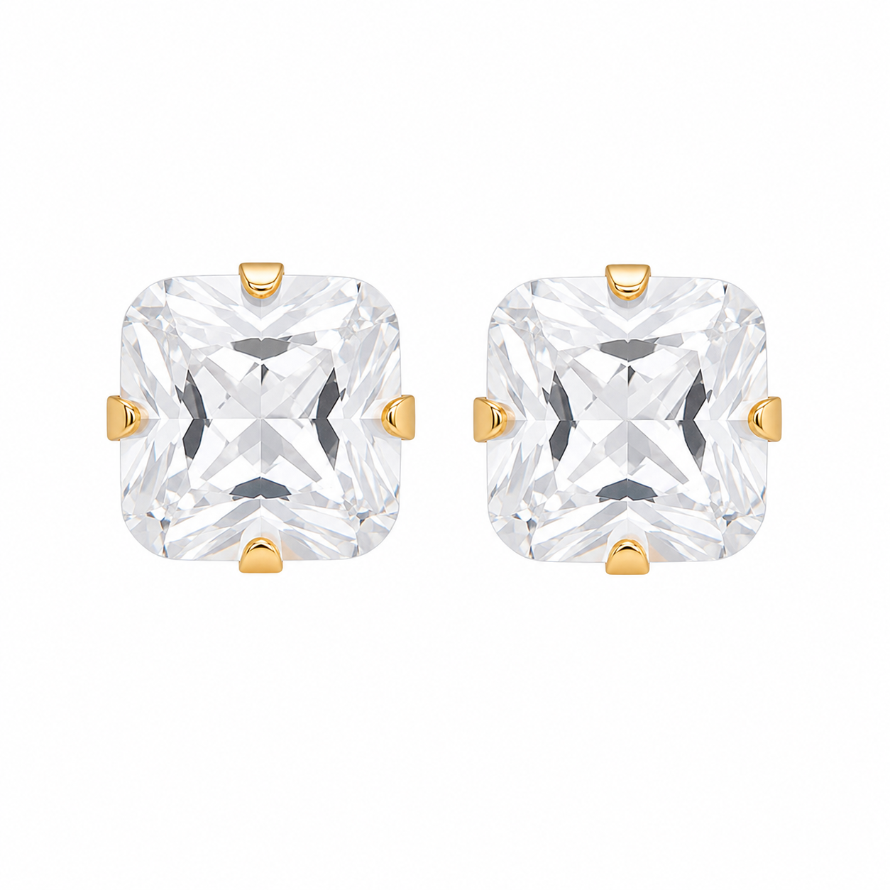 8X8MM Cubic Zirconia Princess Cut 24K Pure Gold Plated Ear Studs | MADE IN USA | Ideal for everyday wear
