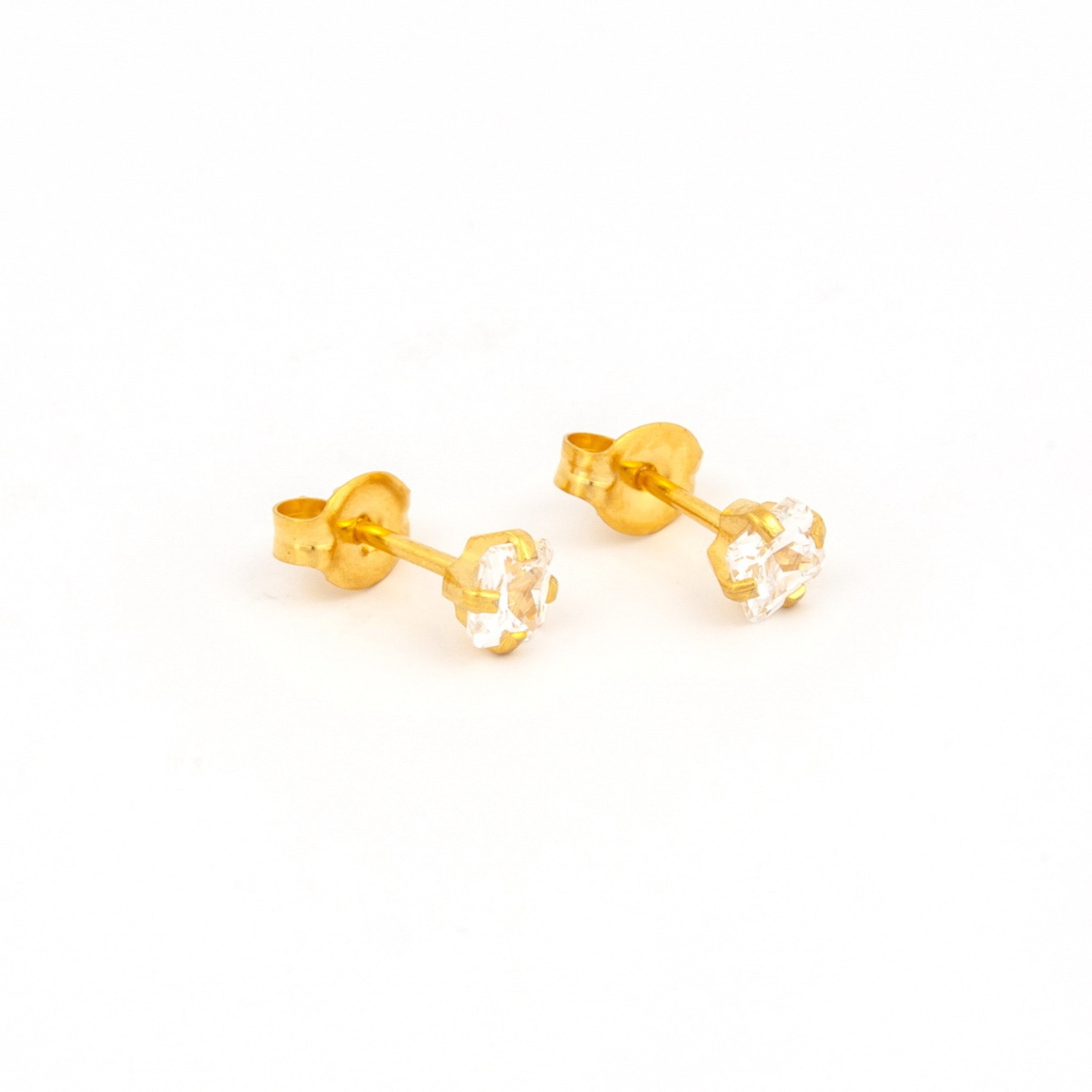 4MM Cubic Zirconia Princess Cut 24K Pure Gold Plated Ear Studs | MADE IN USA | Ideal for everyday wear
