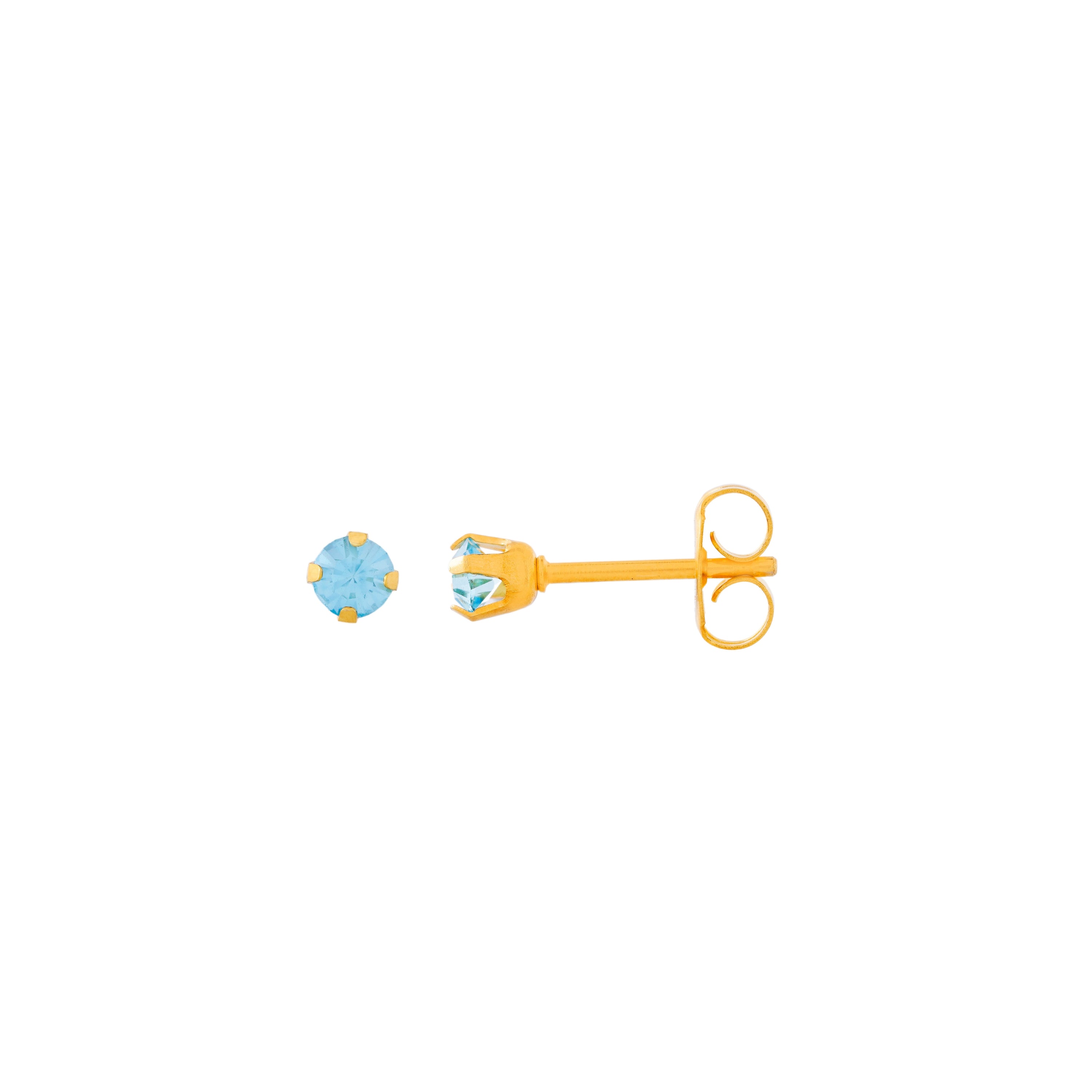 3MM March Aquamarine Birthstone 24K Pure Gold Plated Ear Studs For Kids