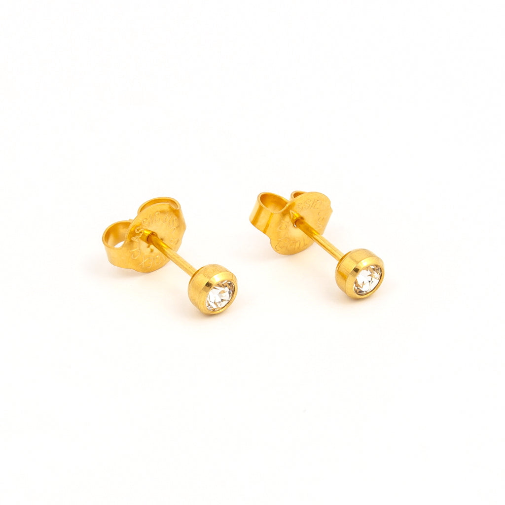 3MM Bezel Cubic Zirconia 24K Pure Gold Plated Piercing Ear Studs