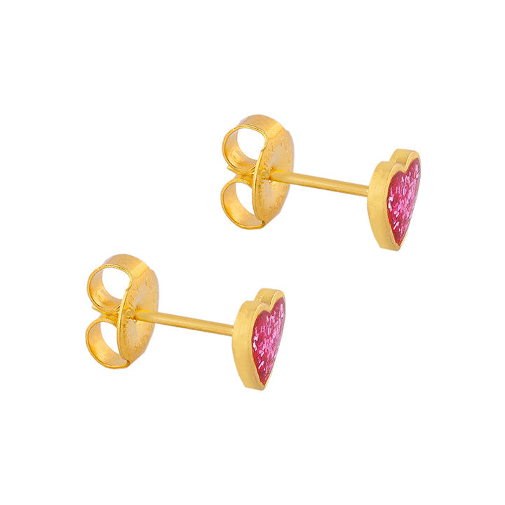 6MM Heart Pink Glitter 24K Pure Gold Plated Piercing Ear Stud