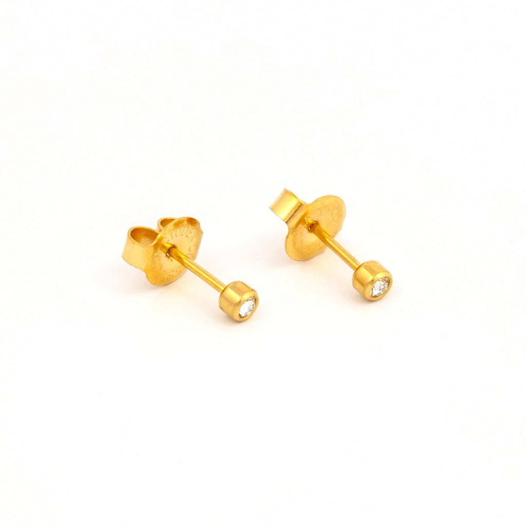 2MM Bezel April Crystal 24K Pure Gold Plated Piercing Ear Stud For Kids