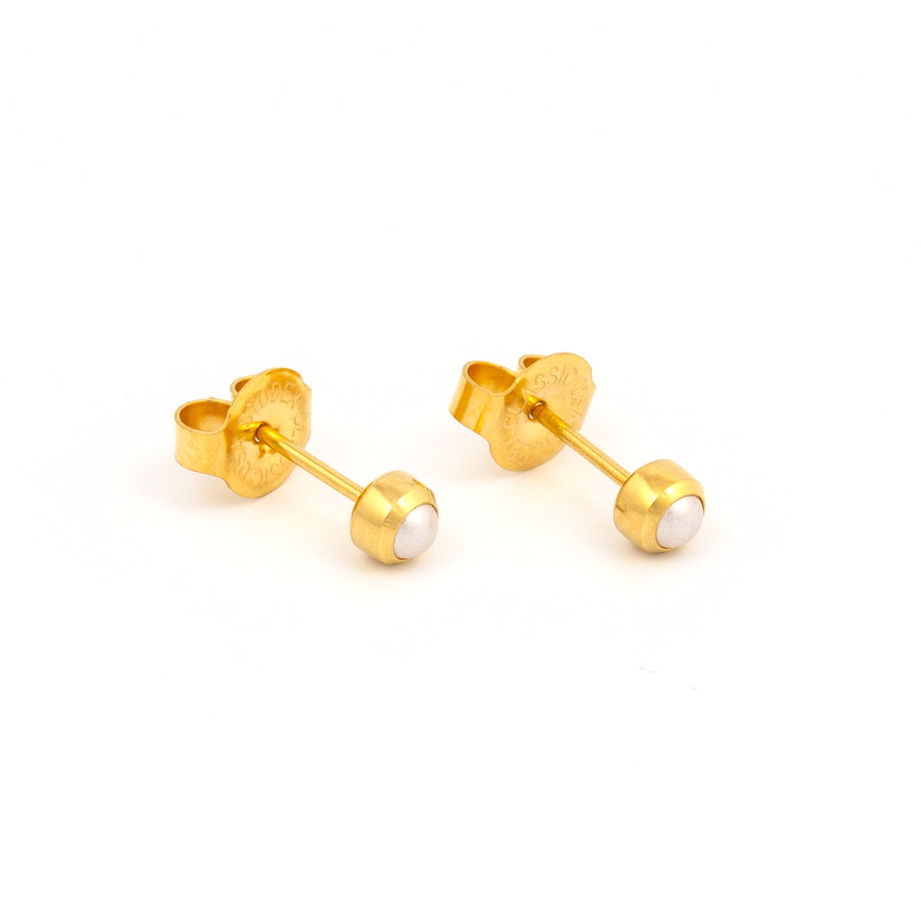 2MM Baby Bezel White Pearl 24K Pure Gold Plated Piercing Ear Stud For Kids