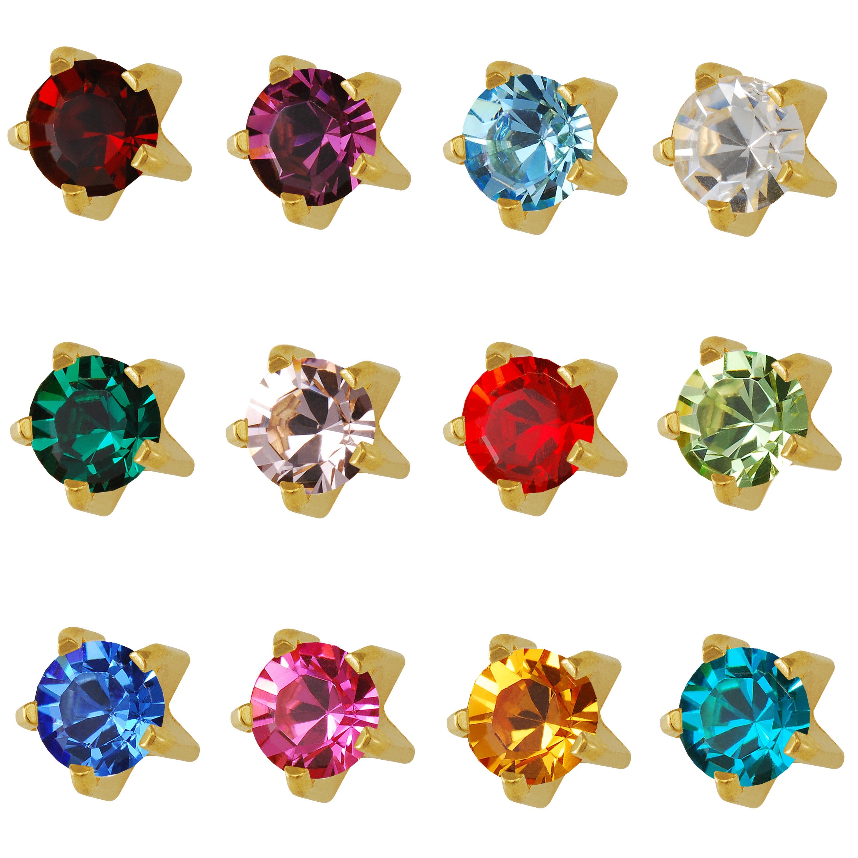 4MM Assorted January – December Birthstone Gold Plated Piercing Ear Stud (12 Pair)