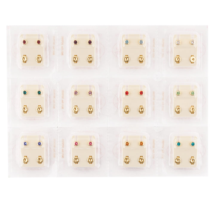 4MM Assorted January – December Bezel Birthstone 24K Pure Gold Plated Piercing Ear Stud (12 Pair)