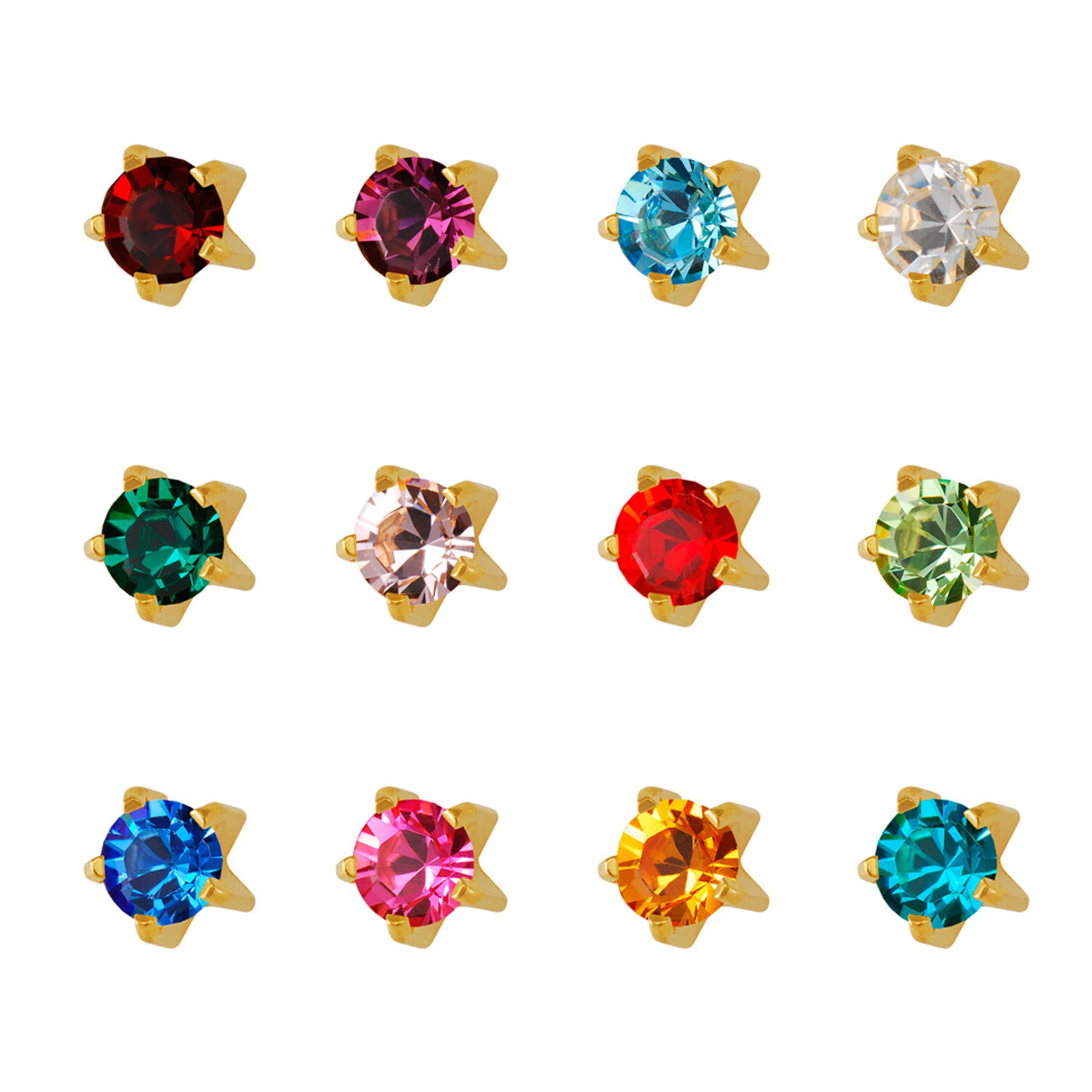 2MM Assorted January – December Birthstone 24K Pure Gold Plated Piercing Ear Stud (12 Pair)