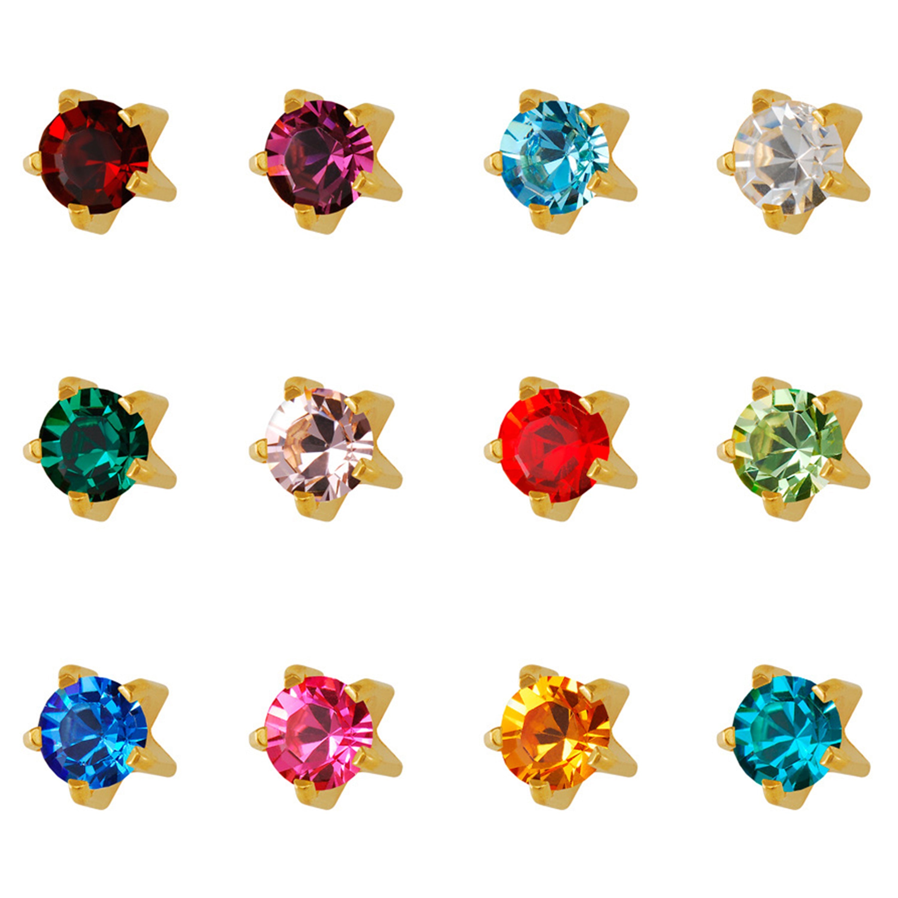 3MM Assorted January – December Birthstone 24K Pure Gold Plated Piercing Ear Stud (12 Pair)