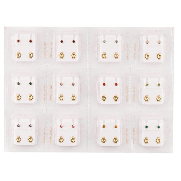 2MM Assorted January – December Birthstone Bezel 24K Pure Gold Plated Piercing Ear Stud (12 Pair)