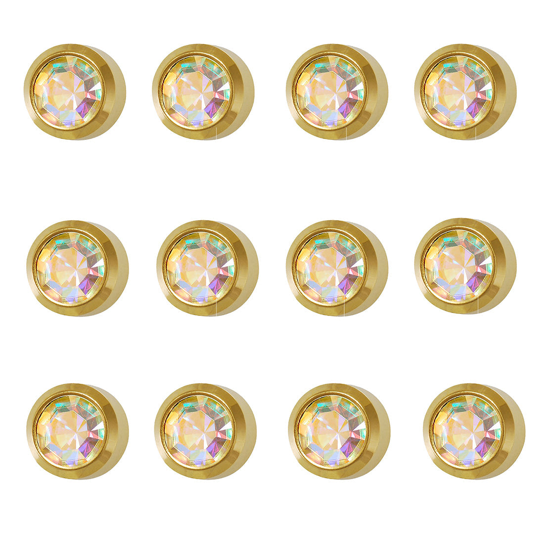 2MM Rainbow Crystal Bezel 24K Pure Gold Plated Piercing Ear Stud (12 Pair)