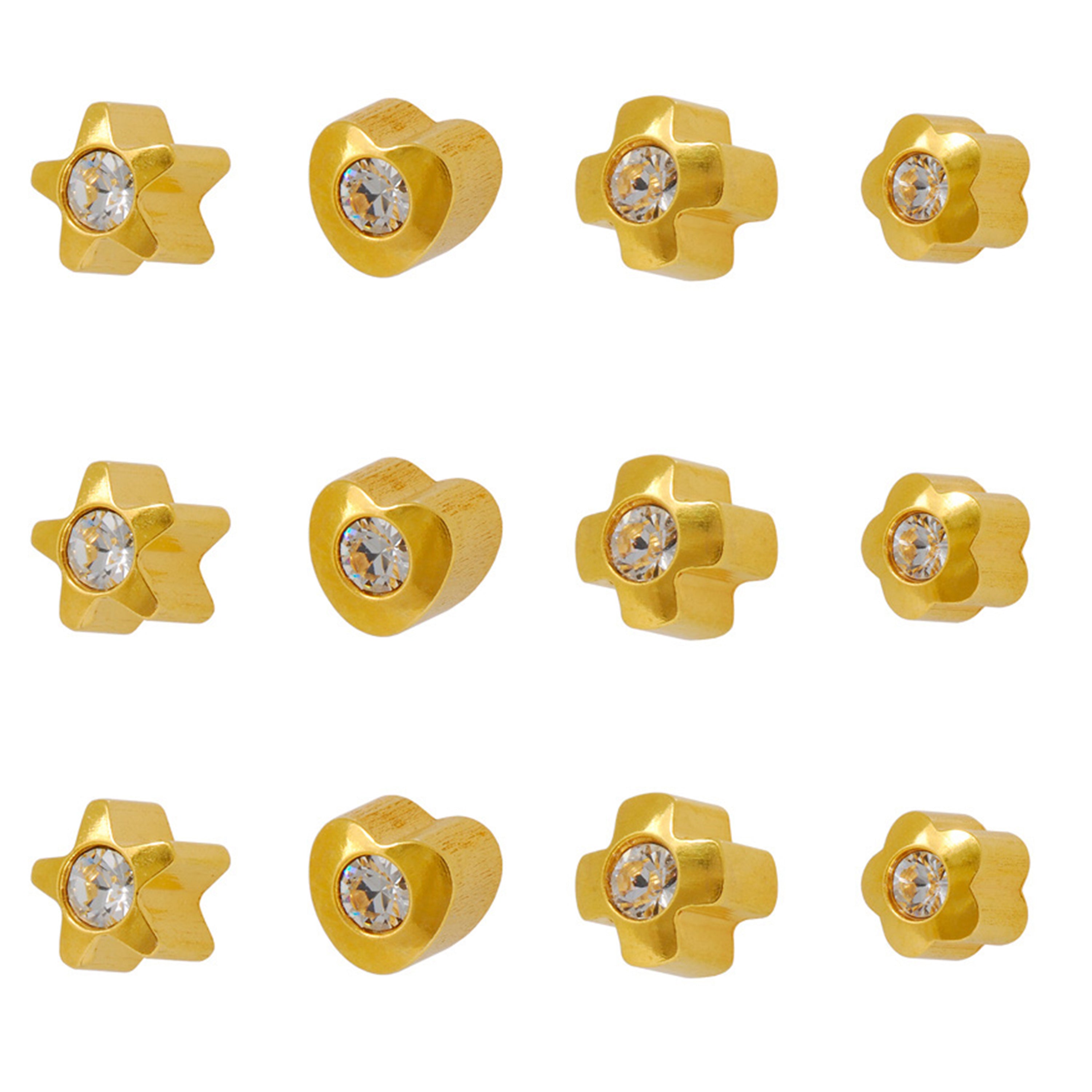 3MM Assorted Shape-Lites With Crystal 24K Pure Gold Plated Piercing Ear Stud (12 Pair)