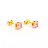 5MM Cubic Zirconia Pink 24K Pure Gold Plated Ear Studs | Ideal for everyday wear