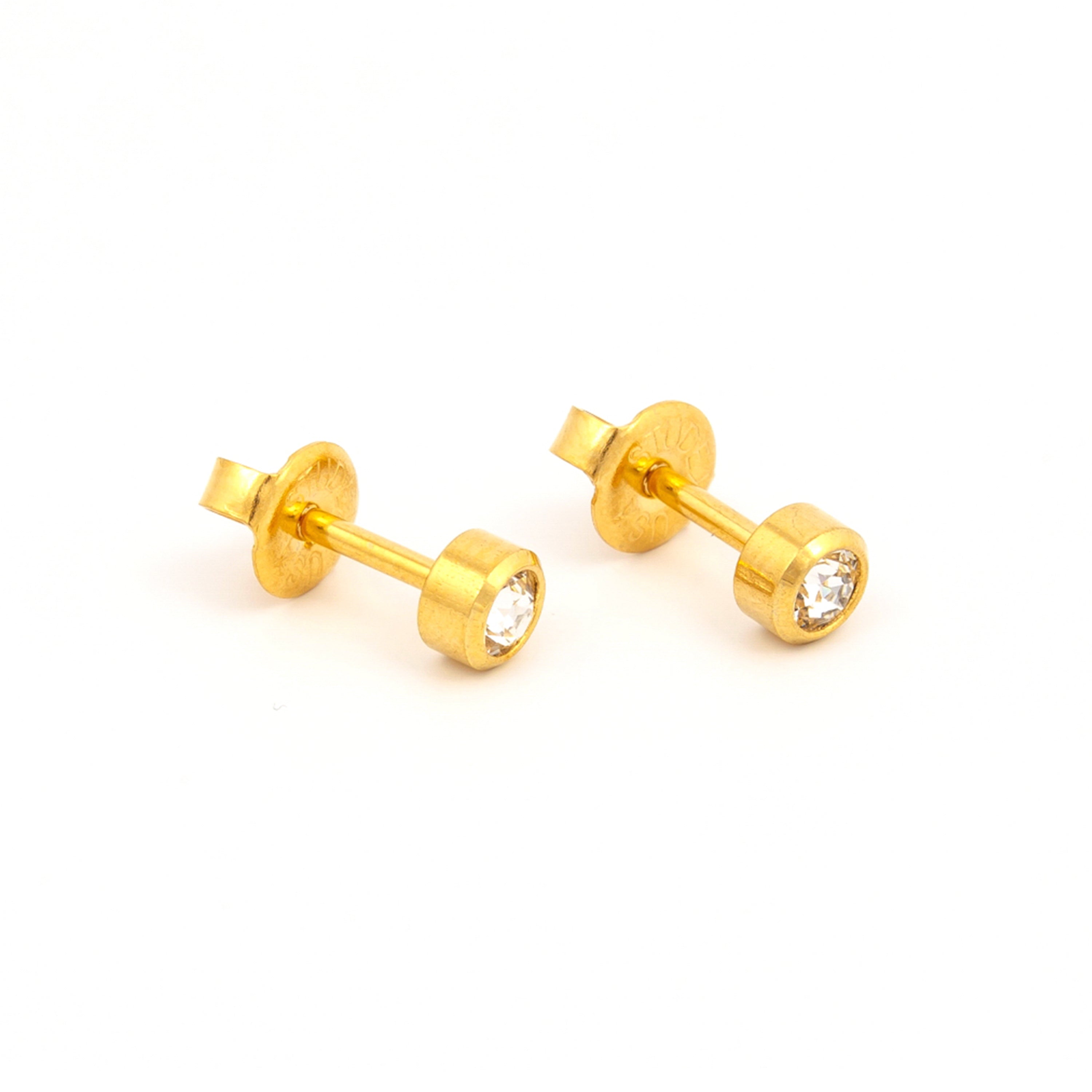 2MM April – Crystal Bezel 24K Pure Gold Plated Ear Studs | MADE IN USA | Ideal for everyday wear