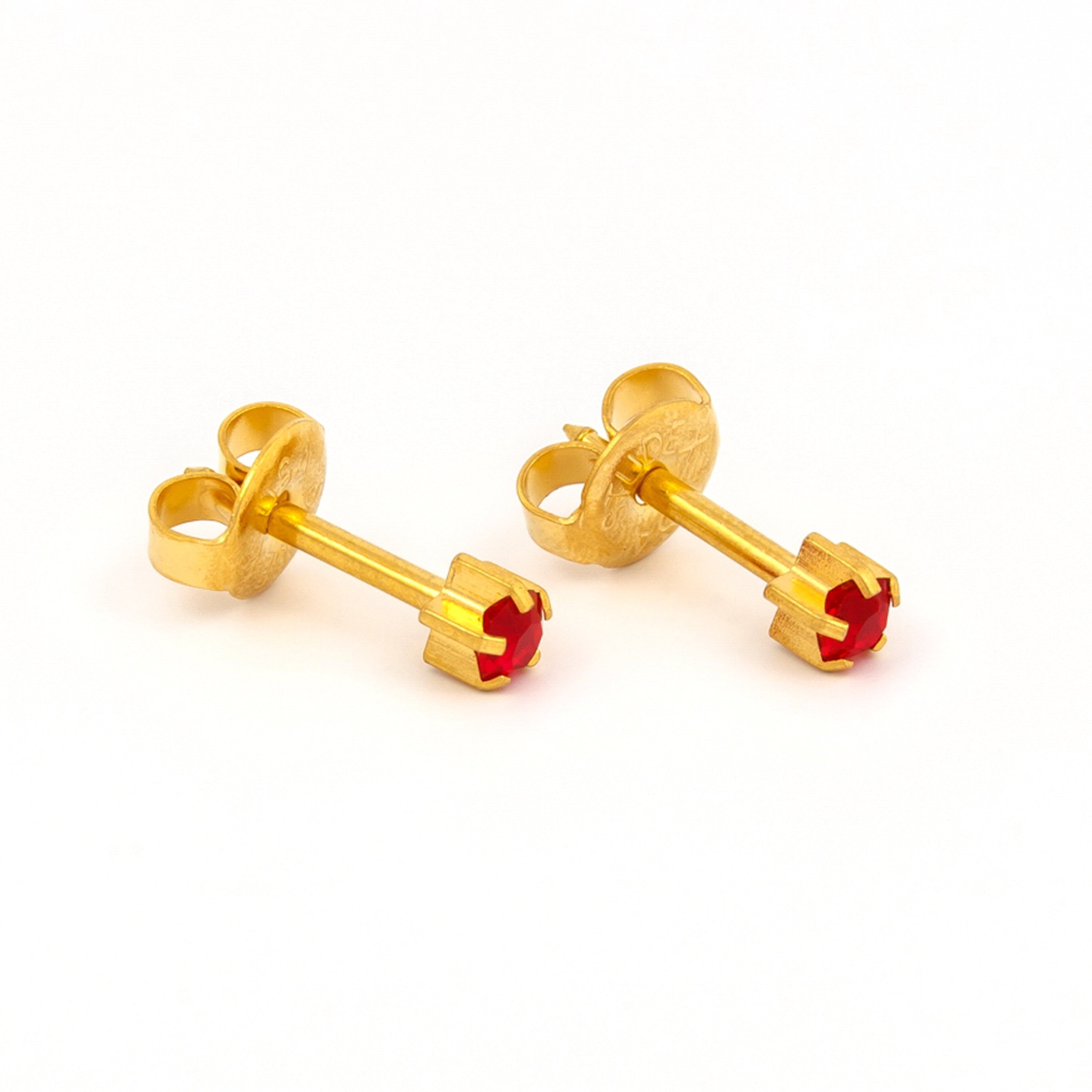 3MM July – Ruby Birthstone 24K Pure Gold Plated Ear Studs | MADE IN USA | Ideal for everyday wear