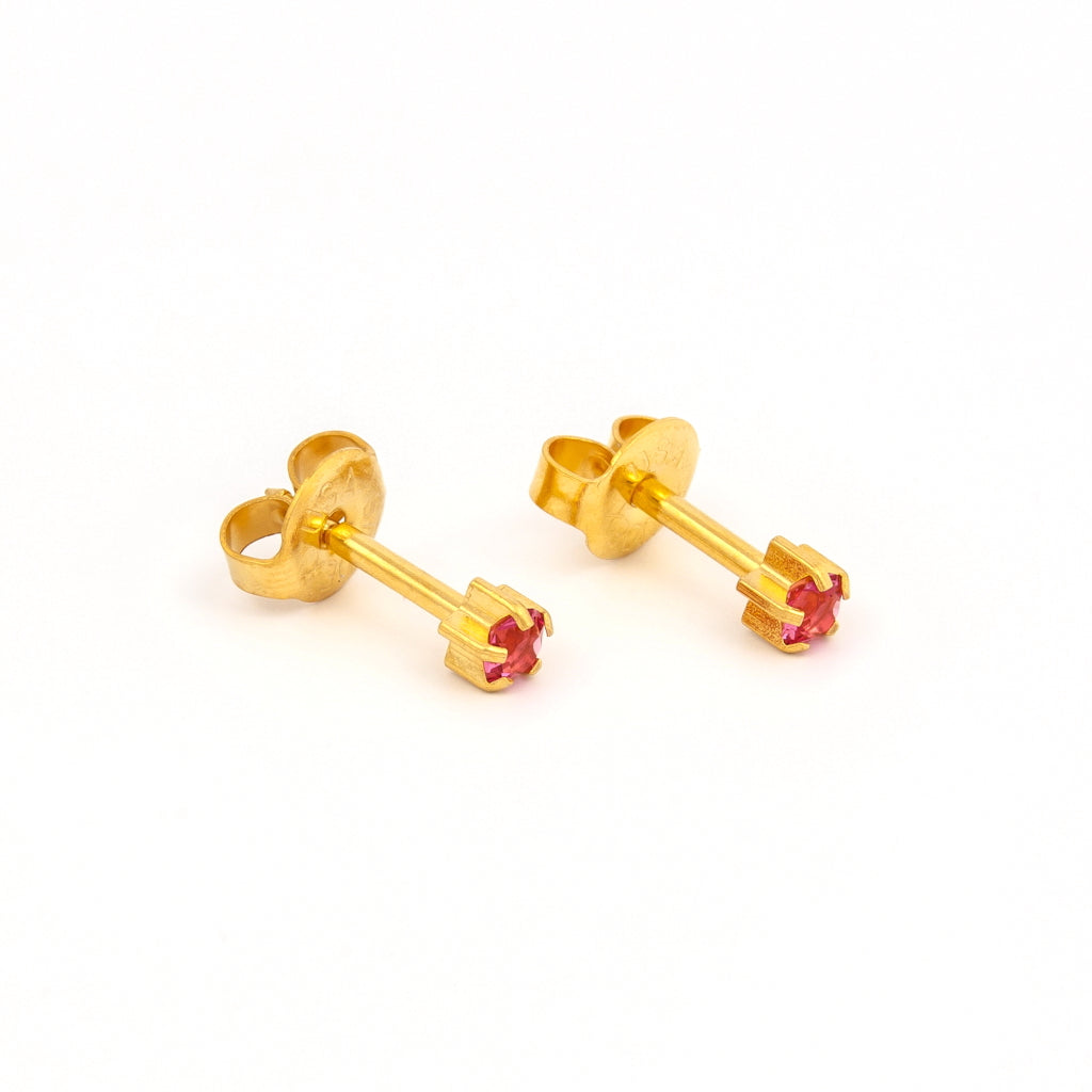 3MM October – Rose Birthstone 24K Pure Gold Plated Ear Studs | MADE IN USA | Ideal for everyday wear