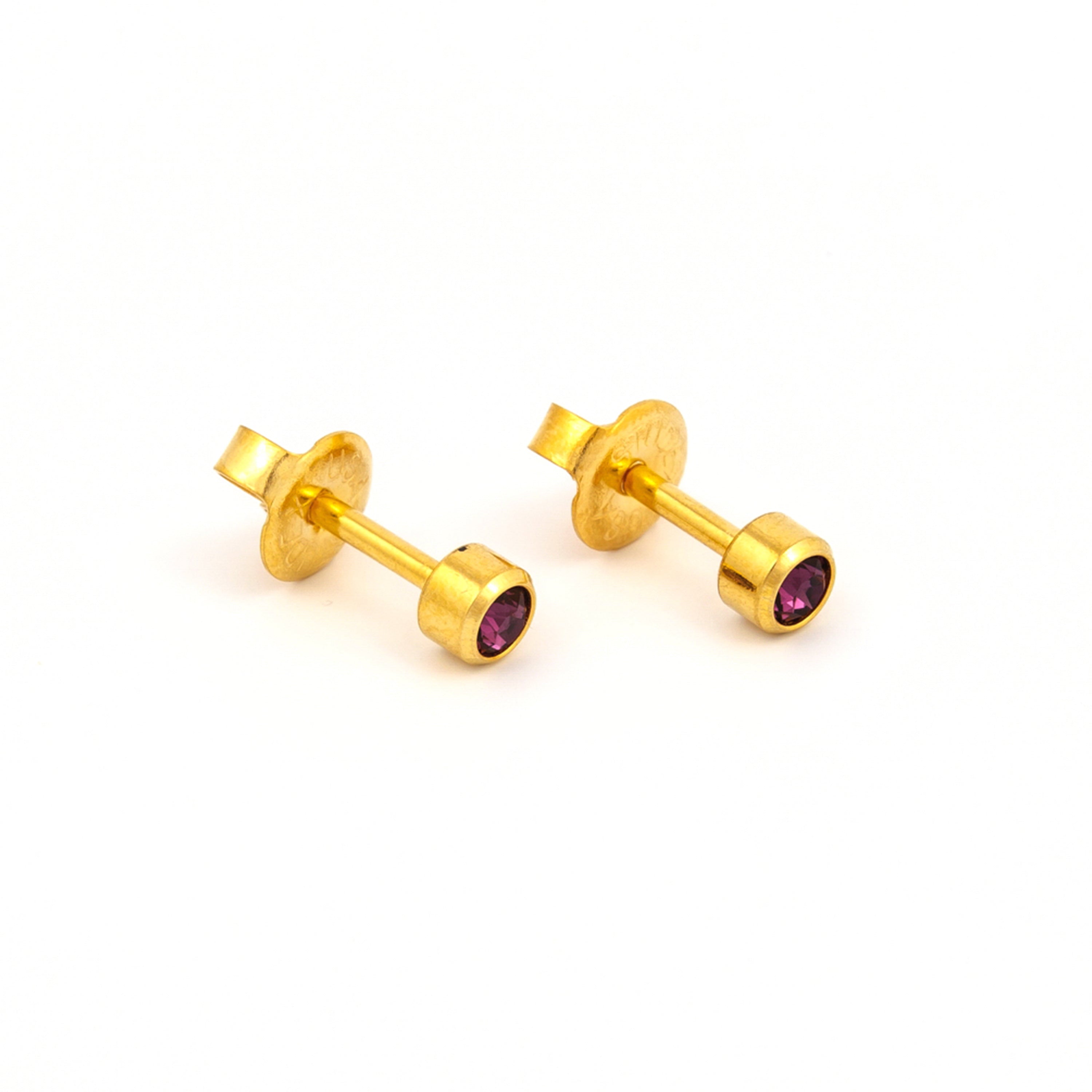 3MM February – Amethyst Bezel 24K Pure Gold Plated Ear Studs | MADE IN USA | Ideal for everyday wear