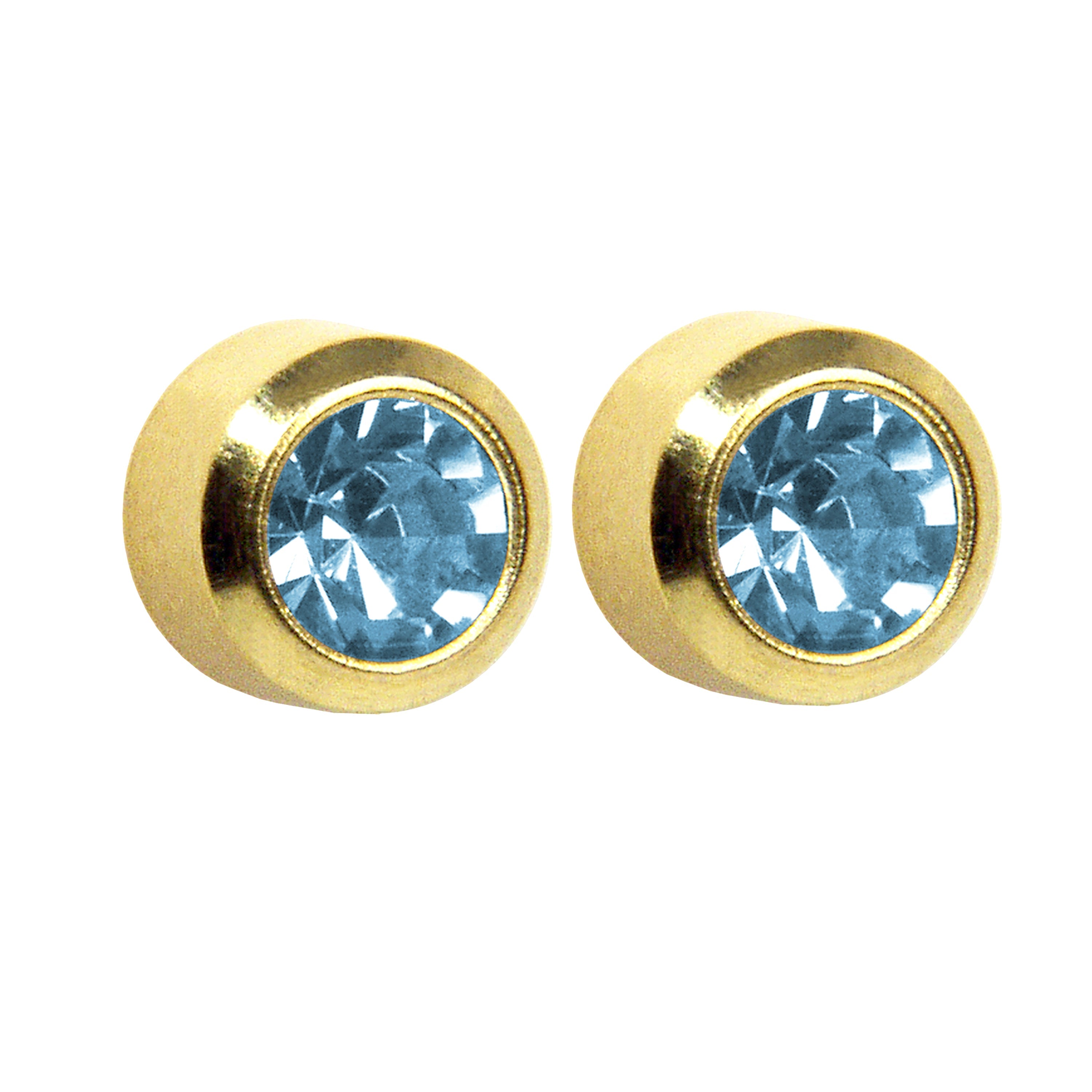 3MM March – Aquamarine Bezel 24K Pure Gold Plated Ear Studs | MADE IN USA | Ideal for everyday wear