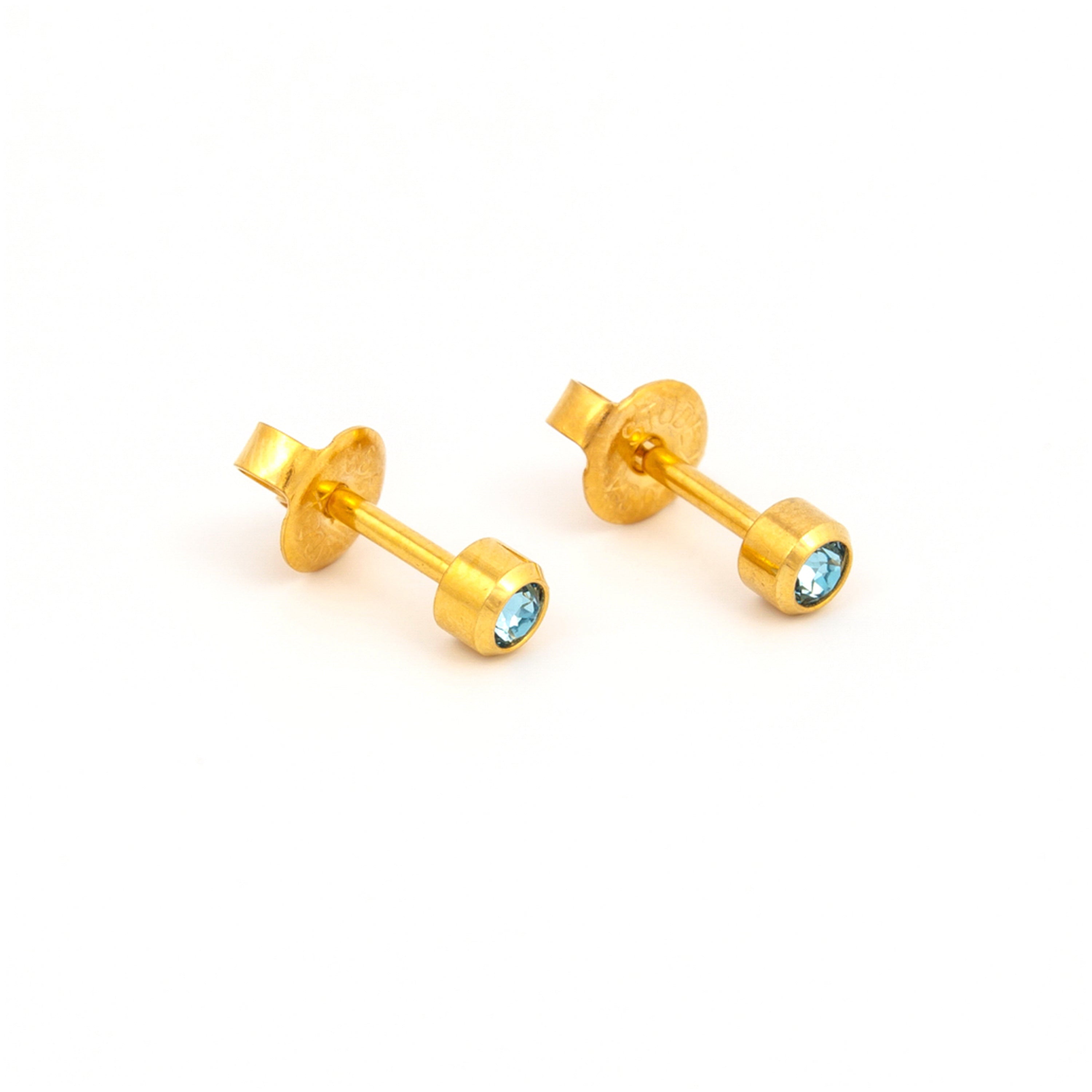 3MM March – Aquamarine Bezel 24K Pure Gold Plated Ear Studs | MADE IN USA | Ideal for everyday wear