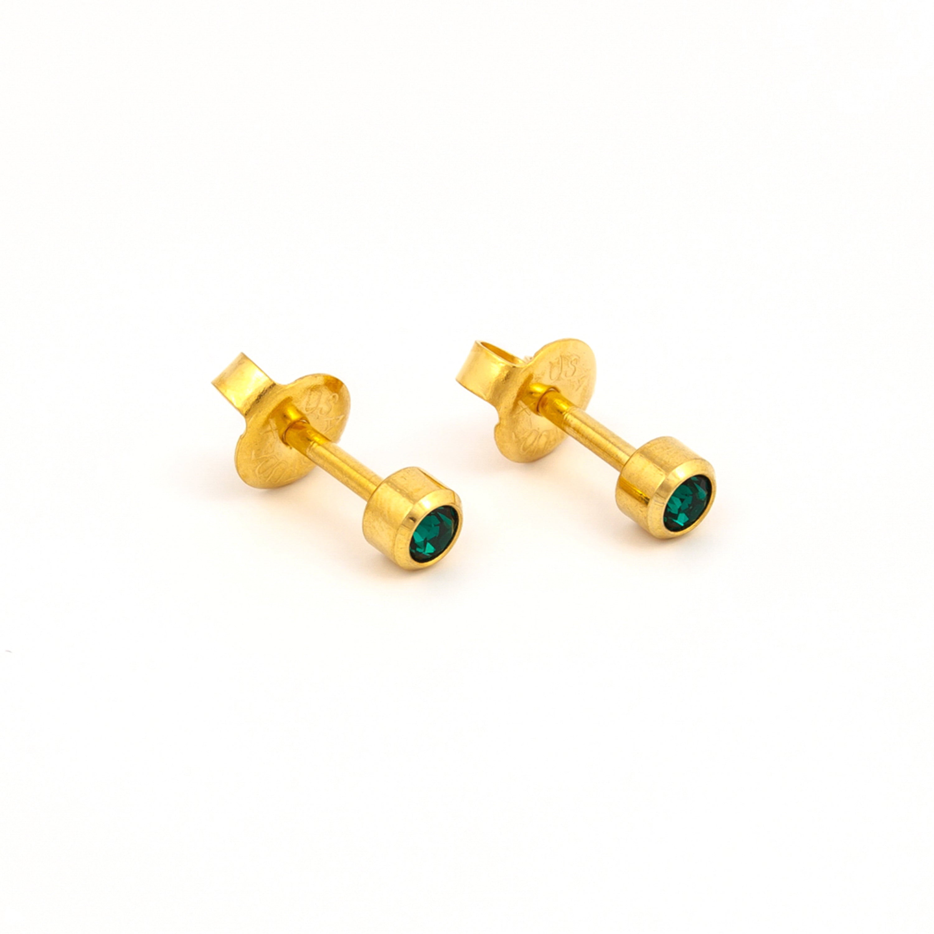 3MM May – Emerald Bezel 24K Pure Gold Plated Ear Studs | MADE IN USA | Ideal for everyday wear