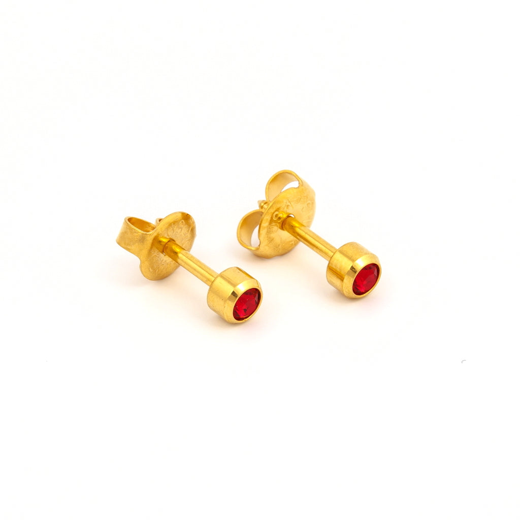 3MM July – Ruby Bezel 24K Pure Gold Plated Ear Studs | MADE IN USA | Ideal for everyday wear