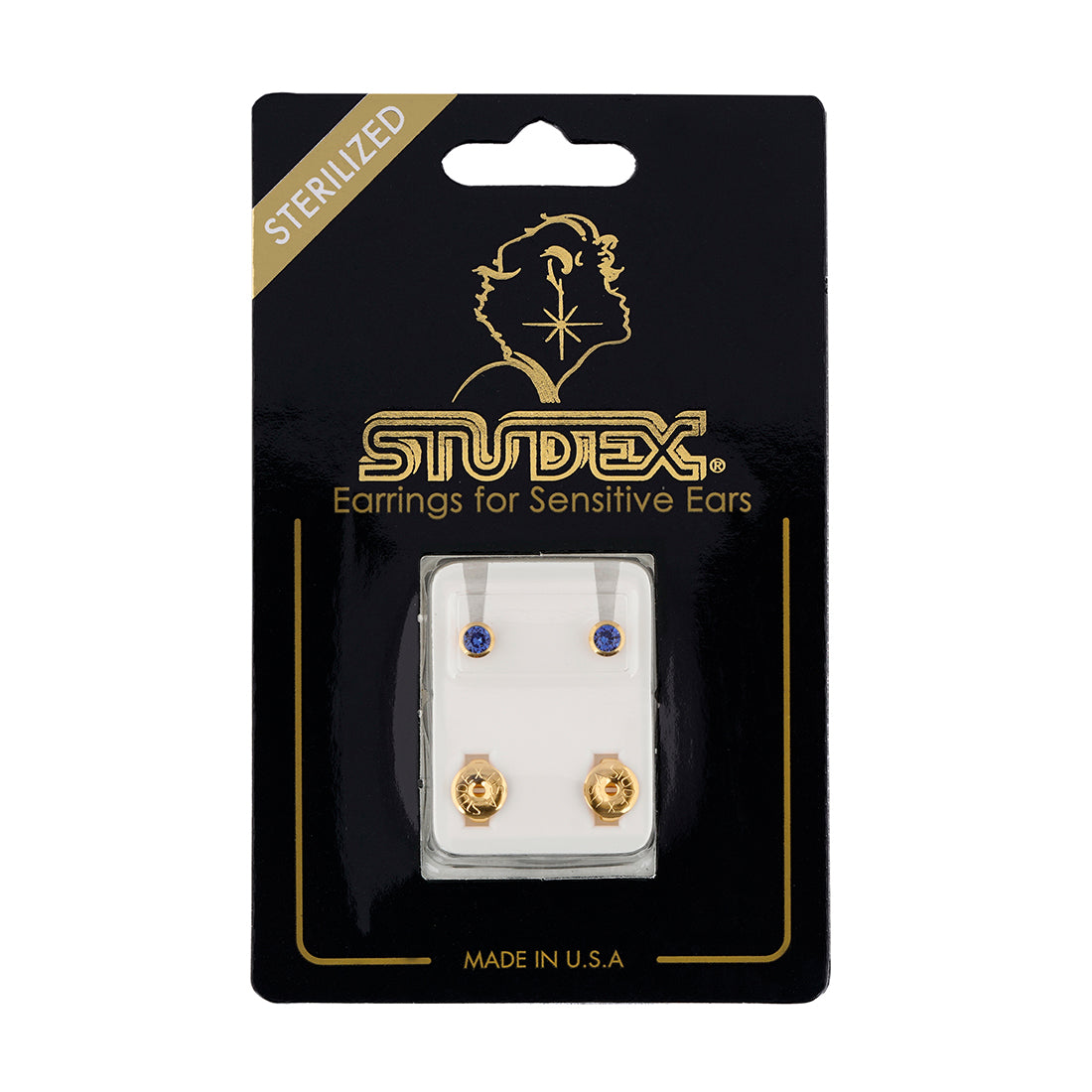 3MM September – Sapphire Bezel 24K Pure Gold Plated Ear Studs | MADE IN USA | Ideal for everyday wear