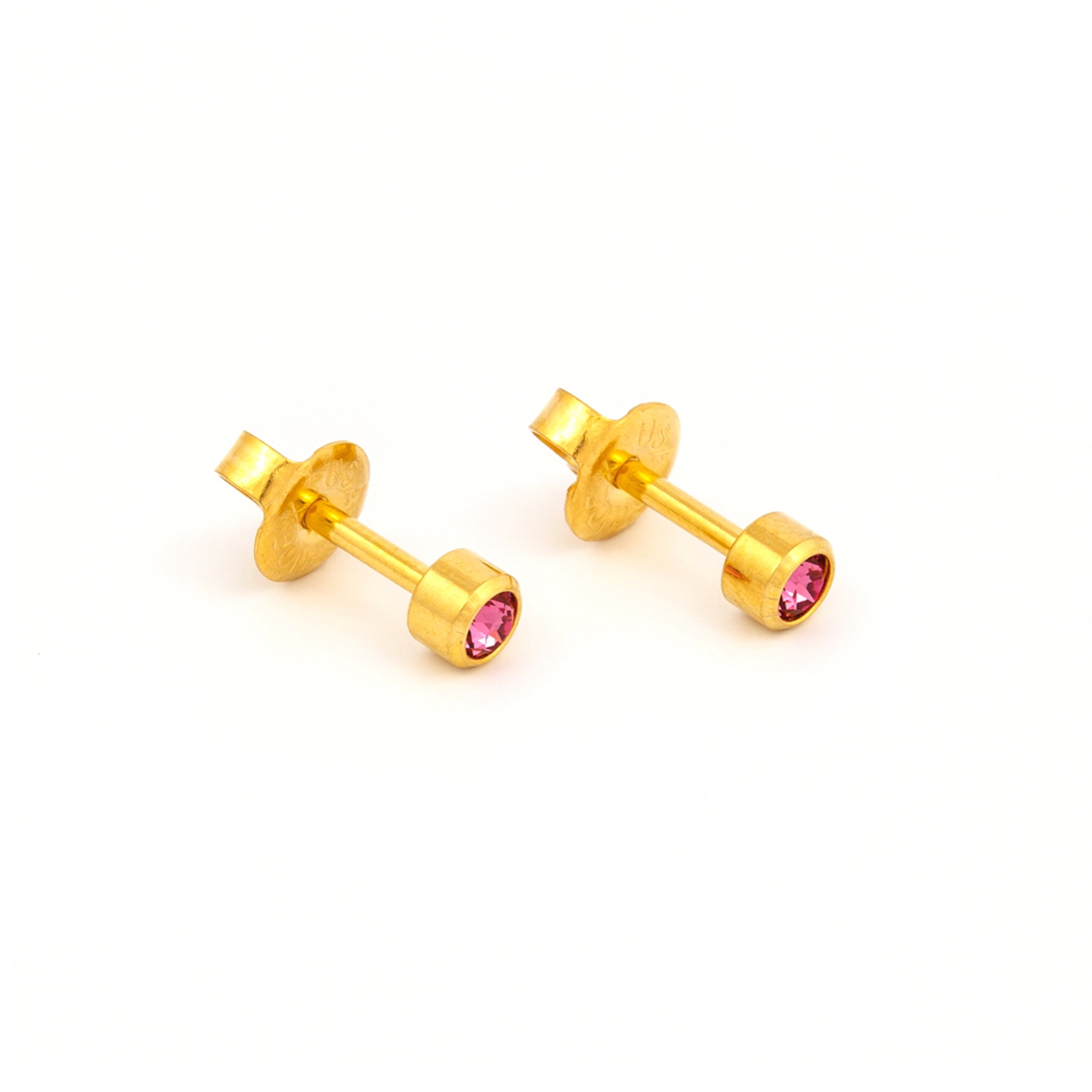 3MM October – Rose Bezel 24K Pure Gold Plated Ear Studs | MADE IN USA | Ideal for everyday wear
